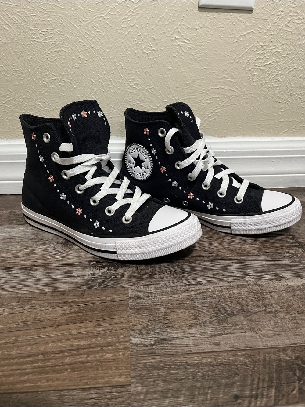 Converse High Top Sneakers - Black with Pink & White Embroidery Floral Accents